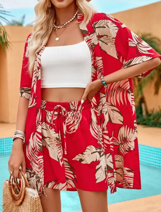 Best Women's Casual Jacket Suits Breathable Comfortable Drawstring Print Casual Leaf Vacation Street Holiday Daily Wear Open Front Regular Collarless Regular Fit Half Sleeve Outerwear Red Green Summer Women Blazers & Suits|Jackets