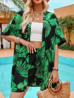 Best Women's Casual Jacket Suits Breathable Comfortable Drawstring Print Casual Leaf Vacation Street Holiday Daily Wear Open Front Regular Collarless Regular Fit Half Sleeve Outerwear Red Green Summer Women Blazers & Suits|Jackets