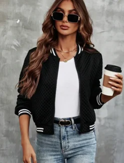 Discount Women's Casual Jacket Textured Jackets Outdoor Zipper Color Block Comfortable Fashion Loose Fit Outerwear Long Sleeve Fall Black S Women Jackets