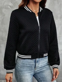 Discount Women's Casual Jacket Textured Jackets Outdoor Zipper Color Block Comfortable Fashion Loose Fit Outerwear Long Sleeve Fall Black S Women Jackets