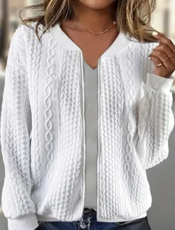Women's Casual Jacket Textured Jackets Patchwork Solid Color Comfortable Stylish Regular Fit Outerwear Long Sleeve Spring White S Women Jackets