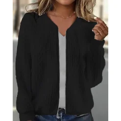 Women's Casual Jacket Textured Jackets Vacation Daily Wear Spring Fall Regular Coat Regular Fit Thermal Warm Breathable Stylish Contemporary Modern Style Jacket Long Sleeve Solid Color Full Zip Black Women Jackets
