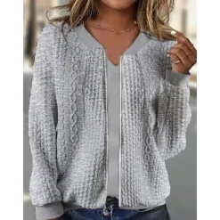 Women's Casual Jacket Textured Jackets Vacation Daily Wear Spring Fall Regular Coat Regular Fit Thermal Warm Breathable Stylish Contemporary Modern Style Jacket Long Sleeve Solid Color Full Zip Black Women Jackets