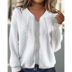 Women's Casual Jacket Textured Jackets Vacation Daily Wear Spring Fall Regular Coat Regular Fit Thermal Warm Breathable Stylish Contemporary Modern Style Jacket Long Sleeve Solid Color Full Zip Black Women Jackets