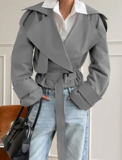 Clearance Women's Casual Jacket Trench Coat Comfortable Breathable Lace up Casual Plain Vacation Street Casual Daily Wear Open Front Short Turndown Regular Fit Long Sleeve Outerwear Beige Gray Spring Fall Women Jackets|Coats & Trench Coats