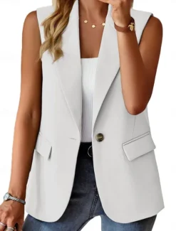 Women's Casual Jacket Vest Comfortable Breathable Pocket Buttons Casual Plain Vacation Street Casual Daily Wear Single Breasted Regular Lapel Regular Fit Sleeveless Outerwear Black White Red Summer Women Vest