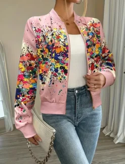 Sale Women's Casual Jacket Warm Quick Dry Zipper Pocket Elegant Fashion Daily Simple Floral Vacation Casual Daily Holiday Baseball Collar Regular Fit Long Sleeve Outerwear Black White Pink Fall Women Jackets