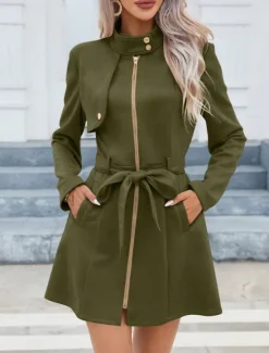 Sale Women's Casual Jacket Warm Comfortable Lace up Zipper Pocket Casual Plain Vacation Street Casual Daily Wear Zipper Long Stand Collar Slim Long Sleeve Outerwear Black Pink Green Spring Fall Women Coats & Trench Coats