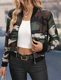 Online Women's Casual Jacket Warm Quick Dry Zipper Pocket Elegant Fashion Daily Simple Camouflage Vacation Casual Daily Holiday Short Baseball Collar Regular Fit Long Sleeve Outerwear Fuchsia Army Green Fall Women Jackets