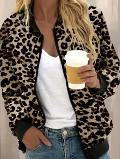 New Women's Casual Jacket Warm Quick Dry Zipper Pocket Elegant Fashion Daily Simple Leopard Vacation Casual Daily Holiday Regular Baseball Collar Regular Fit Long Sleeve Outerwear Black Brown Fall Women Jackets