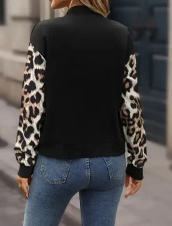 New Women's Casual Jacket Warm Quick Dry Zipper Pocket Elegant Fashion Daily Simple Leopard Vacation Casual Daily Holiday Regular Baseball Collar Regular Fit Long Sleeve Outerwear Black Brown Fall Women Jackets