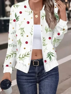 New Women's Casual Jacket Warm Quick Dry Zipper Pocket Elegant Fashion Daily Simple Floral Vacation Casual Daily Holiday Short Baseball Collar Regular Fit Long Sleeve Outerwear Black White Spring Fall Women Jackets