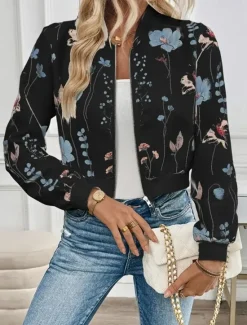 New Women's Casual Jacket Warm Quick Dry Zipper Pocket Elegant Fashion Daily Simple Floral Vacation Casual Daily Holiday Short Baseball Collar Regular Fit Long Sleeve Outerwear Black White Spring Fall Women Jackets