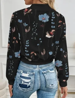 New Women's Casual Jacket Warm Quick Dry Zipper Pocket Elegant Fashion Daily Simple Floral Vacation Casual Daily Holiday Short Baseball Collar Regular Fit Long Sleeve Outerwear Black White Spring Fall Women Jackets