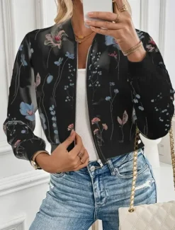 New Women's Casual Jacket Warm Quick Dry Zipper Pocket Elegant Fashion Daily Simple Floral Vacation Casual Daily Holiday Short Baseball Collar Regular Fit Long Sleeve Outerwear Black White Spring Fall Women Jackets