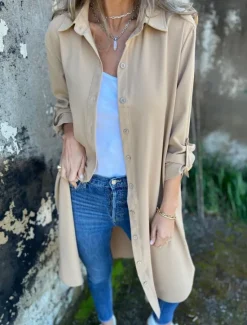 Best Women's Casual Jacket Warm Breathable Buttons Casual Plain Vacation Street Daily Wear Going out Single Breasted Long Lapel Regular Fit Long Sleeve Outerwear Black White Khaki Spring Fall Women Jackets