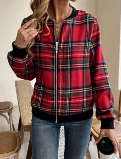 Women's Casual Jacket Warm Quick Dry Zipper Pocket Elegant Fashion Daily Simple Geometric Vacation Casual Daily Holiday Regular Baseball Collar Regular Fit Long Sleeve Outerwear Red Drak Red Fall Women Jackets
