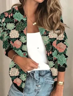 Discount Women's Casual Jacket Warm Quick Dry Zipper Pocket Elegant Fashion Daily Simple Floral Vacation Casual Daily Holiday Regular Baseball Collar Regular Fit Long Sleeve Outerwear Black Green Gray Spring Women Jackets