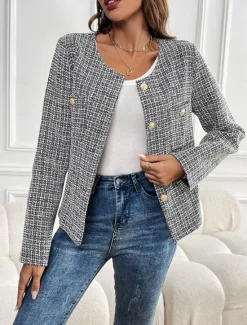 New Women's Casual Jacket Warm Breathable Buttons Casual Plaid Vacation Street Daily Wear Going out Single Breasted Short Crewneck Regular Fit Long Sleeve Outerwear Fall Winter Women Jackets|Blazers & Suits