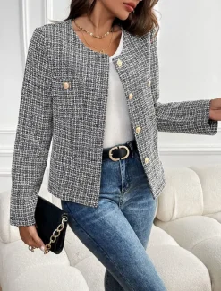 New Women's Casual Jacket Warm Breathable Buttons Casual Plaid Vacation Street Daily Wear Going out Single Breasted Short Crewneck Regular Fit Long Sleeve Outerwear Fall Winter Women Jackets|Blazers & Suits