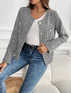 New Women's Casual Jacket Warm Breathable Buttons Casual Plaid Vacation Street Daily Wear Going out Single Breasted Short Crewneck Regular Fit Long Sleeve Outerwear Fall Winter Women Jackets|Blazers & Suits