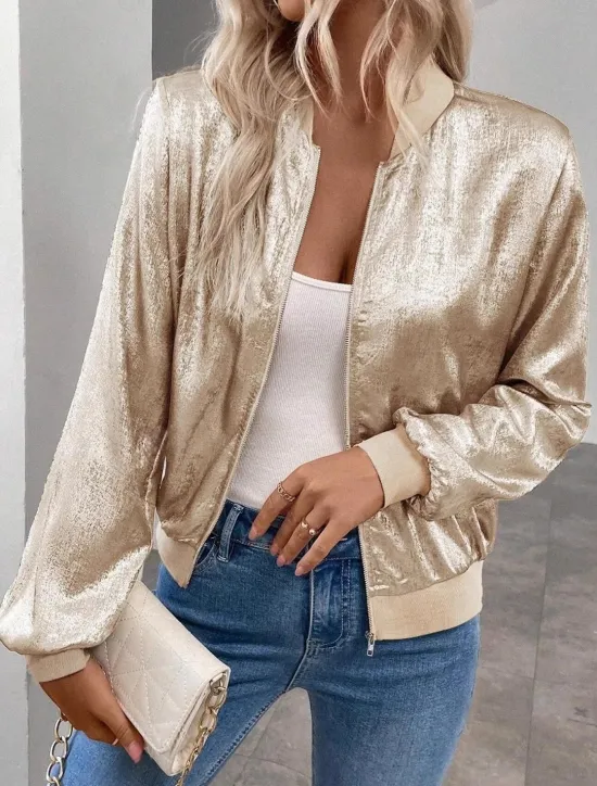 Online Women's Casual Jacket Windproof Warm Zipper Casual Solid Color Casual Regular Stand Collar Regular Fit Long Sleeve Outerwear Fall Women Jackets