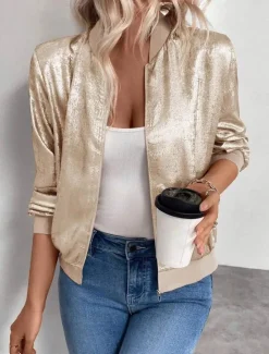 Online Women's Casual Jacket Windproof Warm Zipper Casual Solid Color Casual Regular Stand Collar Regular Fit Long Sleeve Outerwear Fall Women Jackets