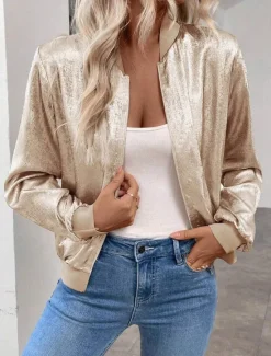 Online Women's Casual Jacket Windproof Warm Zipper Casual Solid Color Casual Regular Stand Collar Regular Fit Long Sleeve Outerwear Fall Women Jackets