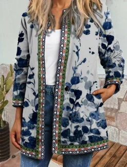 Hot Women's Casual Jacket Windproof Warm Pocket Color Block Open Front with Pockets Modern Floral Casual Daily Casual Daily Short Crewneck Regular Fit Long Sleeve Outerwear Red Blue Khaki Fall Women Jackets
