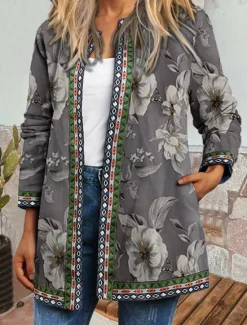 Hot Women's Casual Jacket Windproof Warm Pocket Color Block Open Front with Pockets Modern Floral Casual Daily Casual Daily Short Crewneck Regular Fit Long Sleeve Outerwear Red Blue Khaki Fall Women Jackets