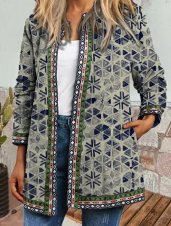 Hot Women's Casual Jacket Windproof Warm Pocket Color Block Open Front with Pockets Modern Floral Casual Daily Casual Daily Short Crewneck Regular Fit Long Sleeve Outerwear Red Blue Khaki Fall Women Jackets