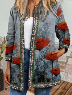 Hot Women's Casual Jacket Windproof Warm Pocket Color Block Open Front with Pockets Modern Floral Casual Daily Casual Daily Short Crewneck Regular Fit Long Sleeve Outerwear Red Blue Khaki Fall Women Jackets