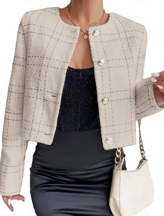 Outlet Women's Casual Jacket Windproof Warm with Pockets Print Fashion Daily Street Style Plaid Vacation Street Sport Daily Wear Single Breasted Regular Crewneck Regular Fit Long Sleeve Outerwear Black Women Blazers & Suits