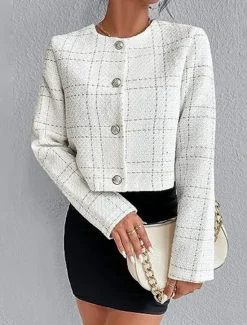 Outlet Women's Casual Jacket Windproof Warm with Pockets Print Fashion Daily Street Style Plaid Vacation Street Sport Daily Wear Single Breasted Regular Crewneck Regular Fit Long Sleeve Outerwear Black Women Blazers & Suits