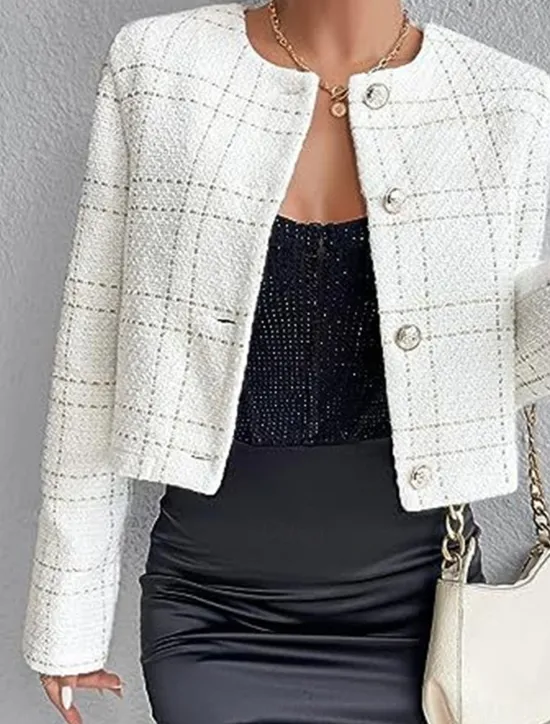 Outlet Women's Casual Jacket Windproof Warm with Pockets Print Fashion Daily Street Style Plaid Vacation Street Sport Daily Wear Single Breasted Regular Crewneck Regular Fit Long Sleeve Outerwear Black Women Blazers & Suits