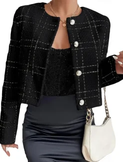 Outlet Women's Casual Jacket Windproof Warm with Pockets Print Fashion Daily Street Style Plaid Vacation Street Sport Daily Wear Single Breasted Regular Crewneck Regular Fit Long Sleeve Outerwear Black Women Blazers & Suits