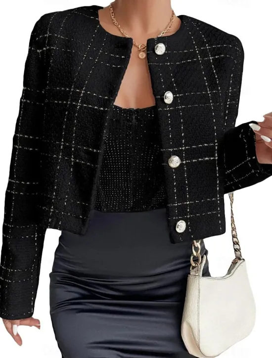 Outlet Women's Casual Jacket Windproof Warm with Pockets Print Fashion Daily Street Style Plaid Vacation Street Sport Daily Wear Single Breasted Regular Crewneck Regular Fit Long Sleeve Outerwear Black Women Blazers & Suits
