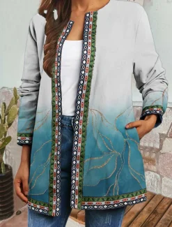 Sale Women's Casual Jacket Windproof Warm Pocket Color Block Open Front with Pockets Modern Floral Casual Daily Casual Daily Short Crewneck Regular Fit Long Sleeve Outerwear Black Light Green Blue Fall Women Jackets