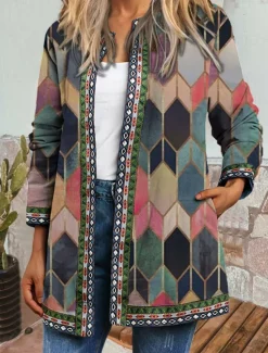 Sale Women's Casual Jacket Windproof Warm Pocket Color Block Open Front with Pockets Elegant Vintage Modern Geometric Casual Daily Casual Daily Short Crewneck Regular Fit Long Sleeve Outerwear Pink Purple Women Jackets