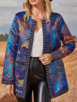 Sale Women's Casual Jacket Windproof Warm Pocket Color Block Open Front with Pockets Elegant Vintage Modern Geometric Casual Daily Casual Daily Short Crewneck Regular Fit Long Sleeve Outerwear Pink Purple Women Jackets