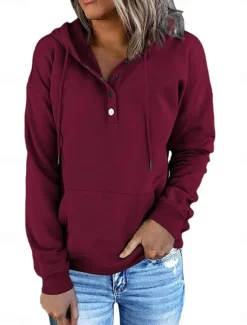 Sale Women's Casual Long Sleeve Hoodie Regular Tops Street Dailywear Patchwork Buttons Black Wine Purple Fall Winter Women Hoodies & Sweatshirts