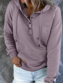 Sale Women's Casual Long Sleeve Hoodie Regular Tops Street Dailywear Patchwork Buttons Black Wine Purple Fall Winter Women Hoodies & Sweatshirts