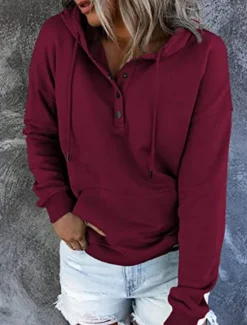 Sale Women's Casual Long Sleeve Hoodie Regular Tops Street Dailywear Patchwork Buttons Black Wine Purple Fall Winter Women Hoodies & Sweatshirts