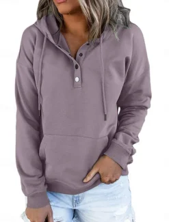 Sale Women's Casual Long Sleeve Hoodie Regular Tops Street Dailywear Patchwork Buttons Black Wine Purple Fall Winter Women Hoodies & Sweatshirts