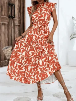 Clearance Women's Chiffon Dress Floral Ruffle Crew Neck Puff Sleeve Midi Dress Casual Short Sleeve Summer Spring Women Spring Dresses|Floral Dresses