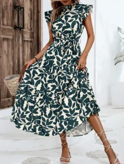 Clearance Women's Chiffon Dress Floral Ruffle Crew Neck Puff Sleeve Midi Dress Casual Short Sleeve Summer Spring Women Spring Dresses|Floral Dresses