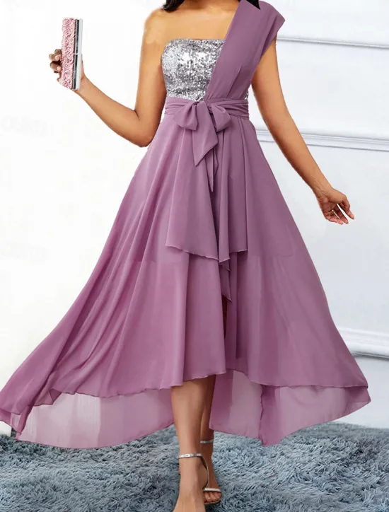 Online Women's Chiffon Dress Maxi Dress Sequins Ruched Wedding Guest Cocktail Party Elegant Formal One Shoulder Sleeveless Color Women Cocktail Dress