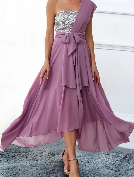 Online Women's Chiffon Dress Maxi Dress Sequins Ruched Wedding Guest Cocktail Party Elegant Formal One Shoulder Sleeveless Color Women Cocktail Dress