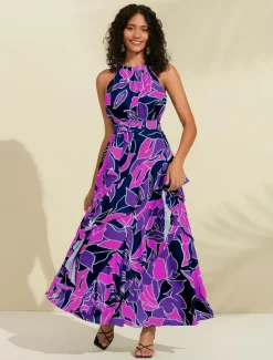 Women's Chiffon Dress Maxi Dress Purple Sleeveless Floral Ruffle Printing Spring & Summer Round Pattern Dress XS S M Women Floral Dresses|Chiffon Dresses
