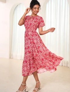 Women's Chiffon Floral Leaf Tie Neck Maxi Dress Short Sleeve Summer Women Vacation Dresses